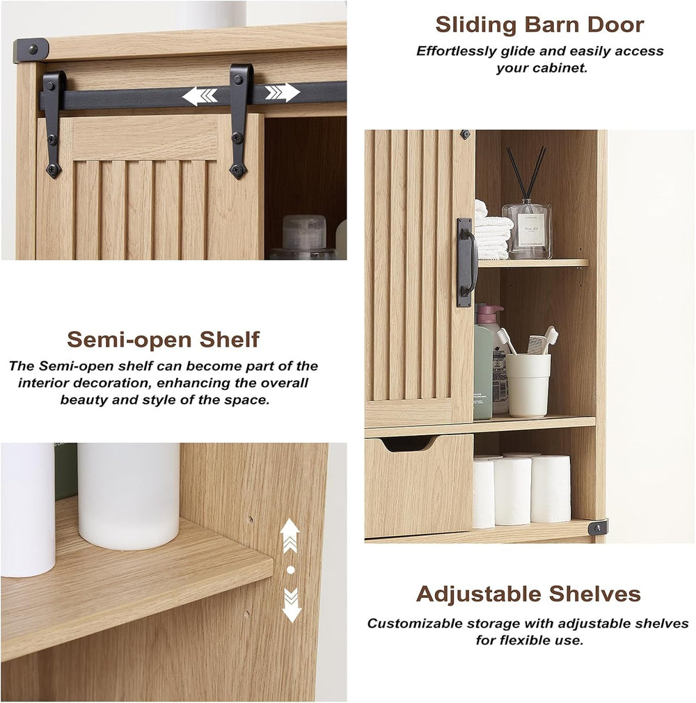 Wooden Over The Toilet Storage Cabinet with Sliding Barn Door