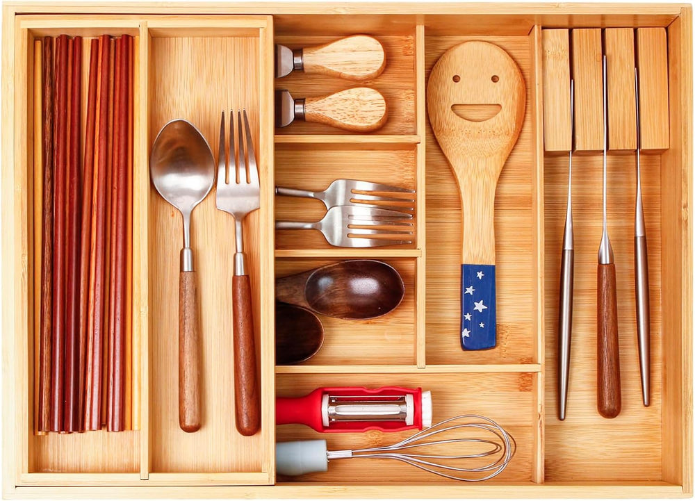 COIWAI Double Layer Bamboo Drawer Organizer Cutlery Utensil Silverware Drawer...