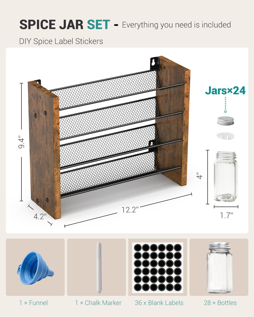 Spice Rack Organizer with 24 Glass Jars, for Cabinet Wall Mount Countertop