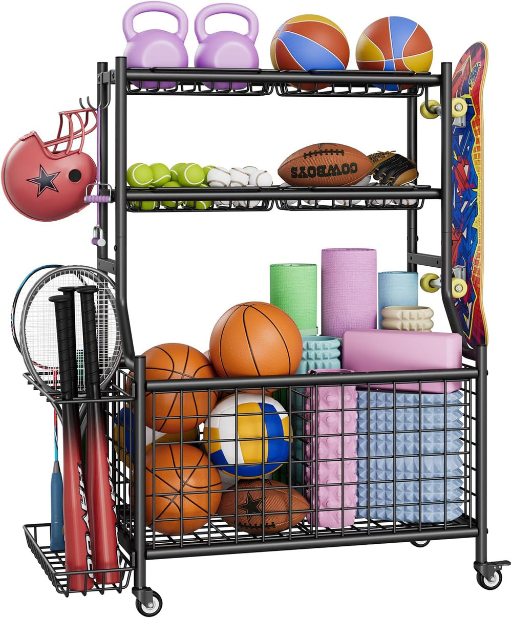 Garage Sports Equipment Organizer with Wheels, All-in-One Ball Storage