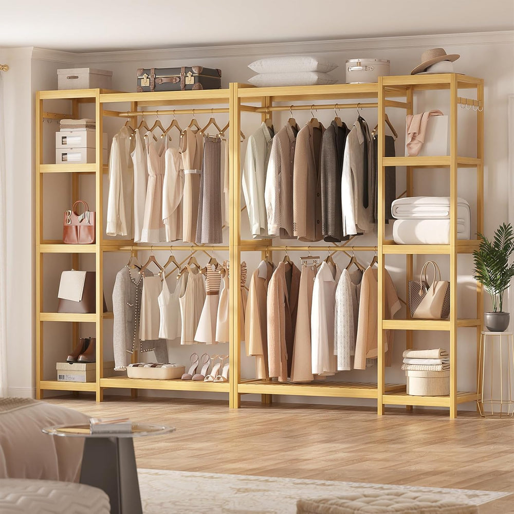 Homykic Bamboo Clothing Rack with 7 Adjustable Shelves, 2 Hang Rods