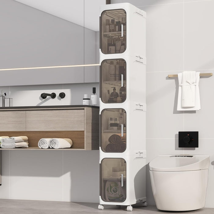 4 Tier Slim Bathroom Storage Cabinet, Foldable and Movable, White