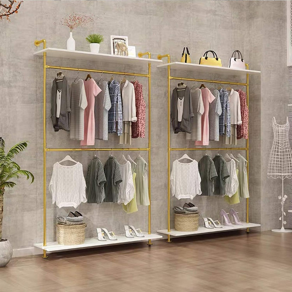 Modern Simple 2 Tier Metal and Wood Garment Rack,Industrial Pipe Double Hangi...