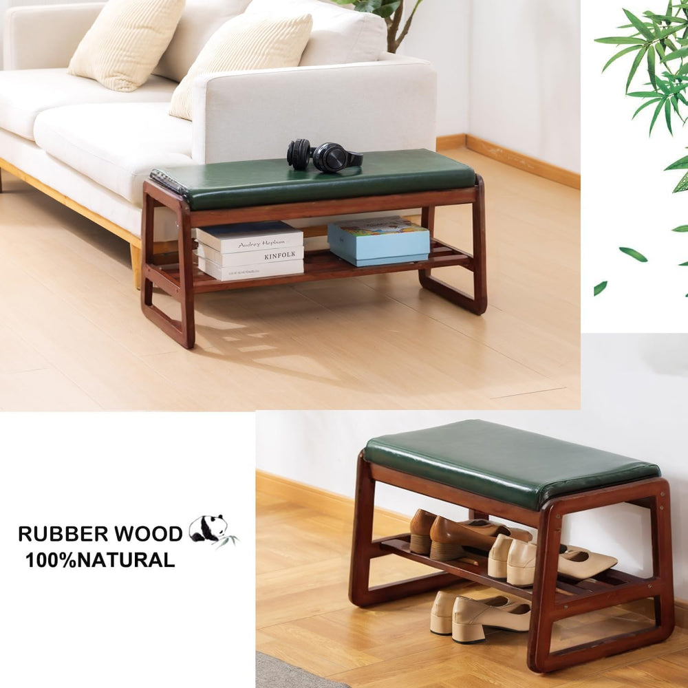 latifolia Solid Wood Bench, Entryway Shoe Bench with Cushion, 2 Tier Shoe Sto...