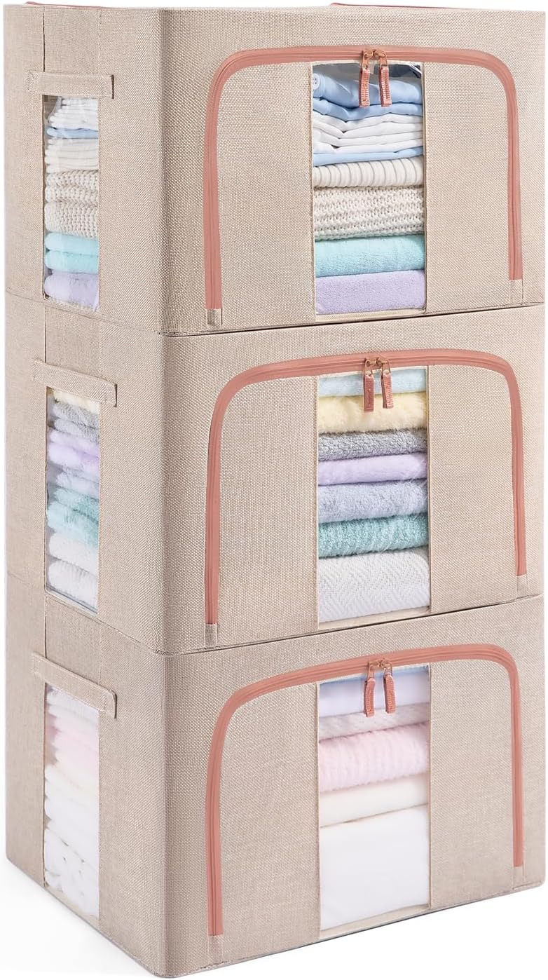 GuliPostan 3 Pack 100L Stackable Clothes Storage Bins with Metal Frame Handle...