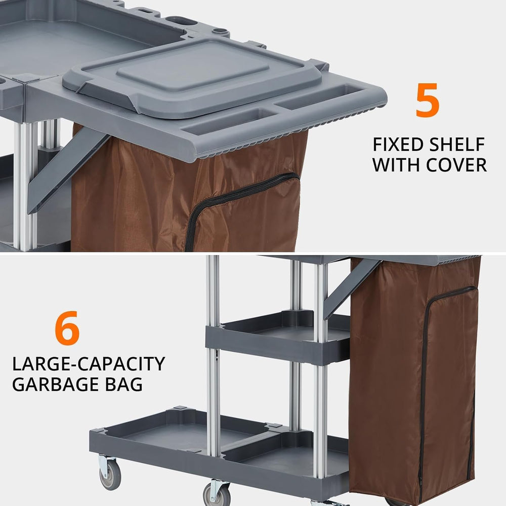 Commercial Janitorial Cart with Wheels, 3 Shelf Cleaning Trolley Cart with 16...