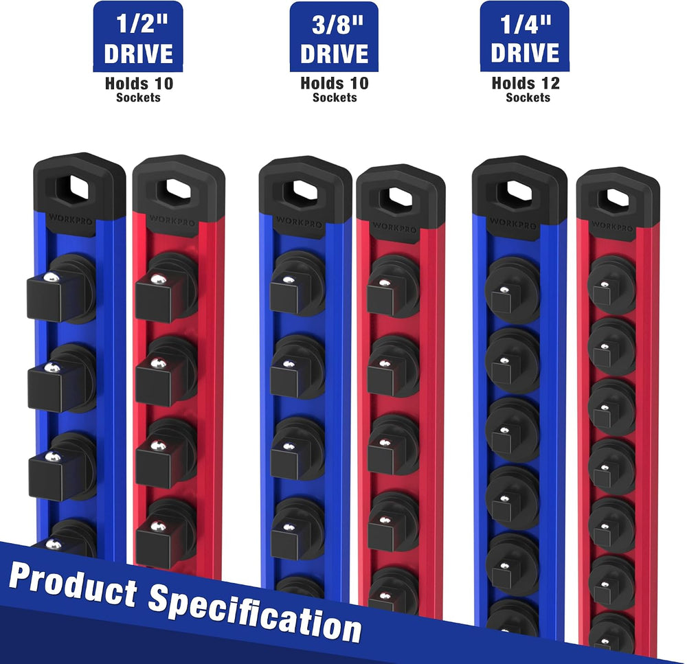 WORKPRO Magnetic Socket Organizer Set, 6-Piece 1/4” 3/8” 1/2” Socket Rails
