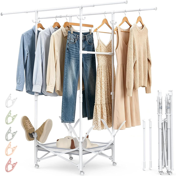 Portable Foldable Clothes Drying Rack - Adjustable Double Extendable Rods (33.1” to 56.7”) -Portable Coat Rack for Travel, Camping, Drying, RV, Indoor, Outdoor, Easy Assemble（White