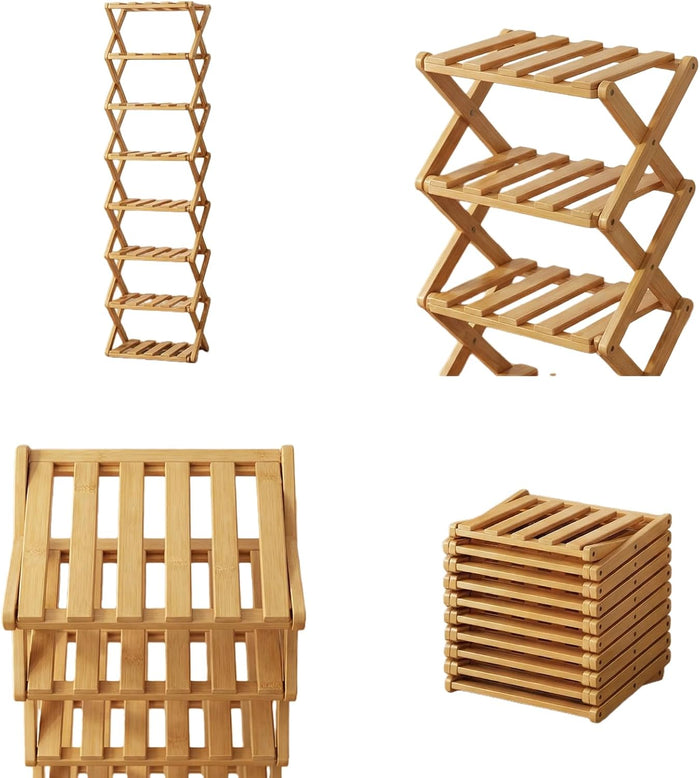 Foldable Bamboo Shoe Rack, 9-Tier No Assembly Shoe Organizer, Space-Saving Free Standing Shoe Storage Shelf for Entryway, Hallway, Closet, Holds 9-18 Pairs of Shoes, Natural Bamboo Finish (Bamboo, 9)