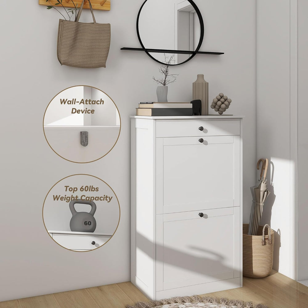 FTZxHKLX Shoe Cabinet with 2 Flip Drawers, Slim Shoe Storage Cabinet, White