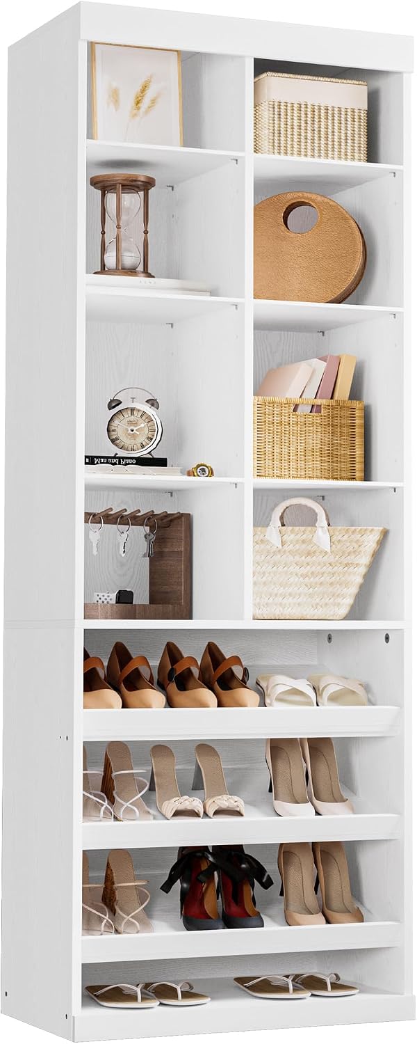 IRONCK Tall Shoe Storage Cabinet with Adjustable Shelves and Cubbies, White