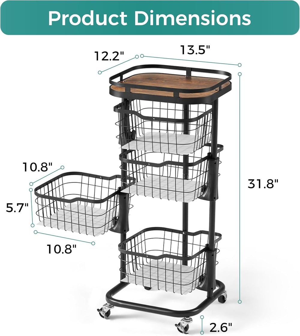 4 Tier Rotating Kitchen Storage Cart, Fruit Vegetable Potato Rack Stand