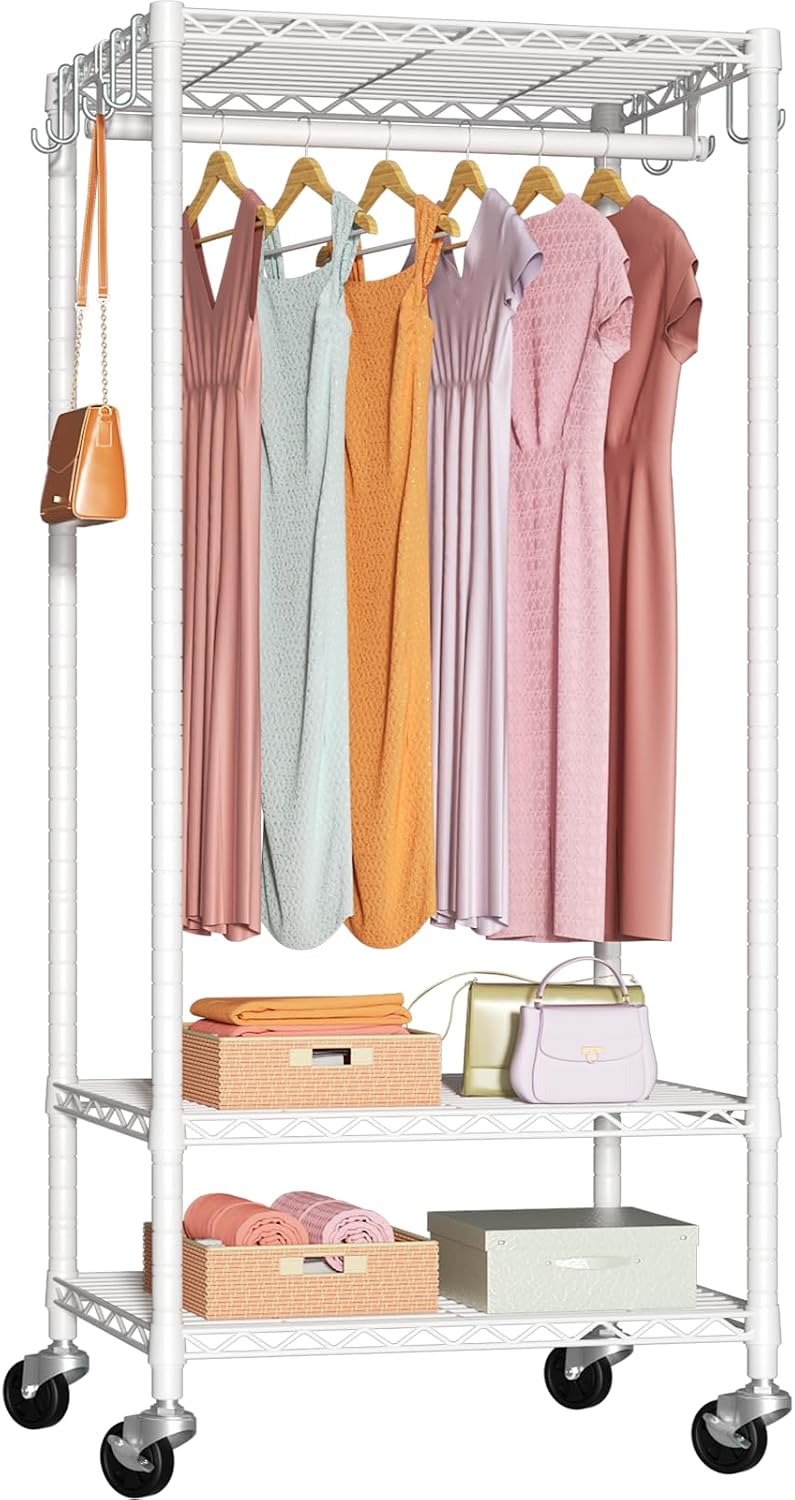 FUTASSI Rolling Clothes Rack, Clothing Racks for Hanging Clothes, White