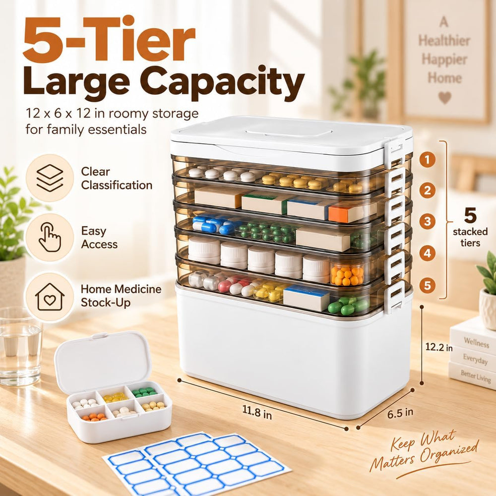 5-Tier Medicine Storage Box with Labels, 12 X 6 X 12 in Medicine Cabinet Orga...