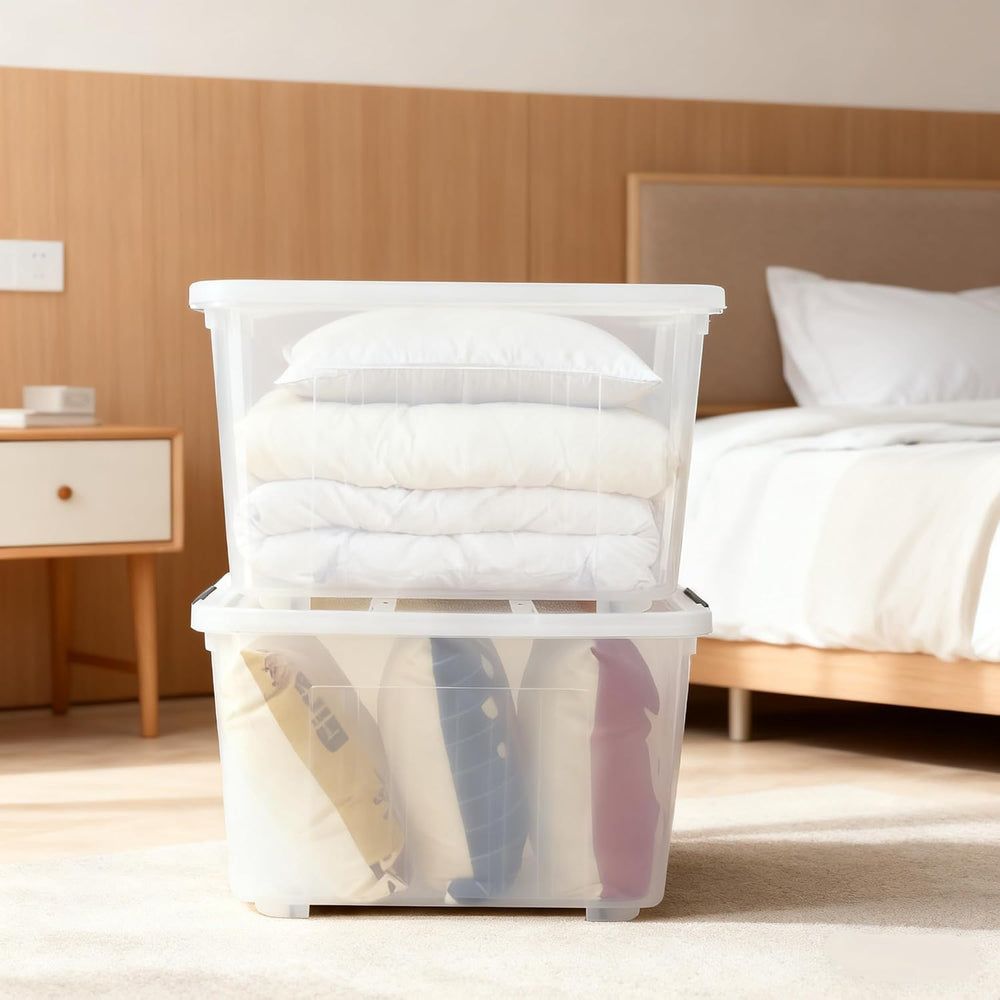 Clear Large Storage Bins with Lids and Wheels, 70L, 4-Pack