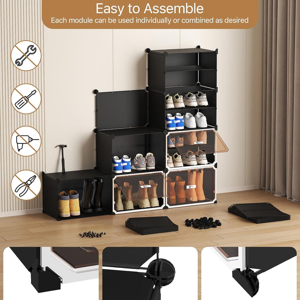 Black and White 6 Tier Modular Shoe Storage Cabinet with Magnetic Doors