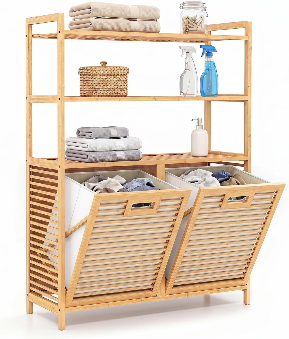 GOFLAME Bamboo Double Tilt Out Laundry Hamper Cabinet with Shelves