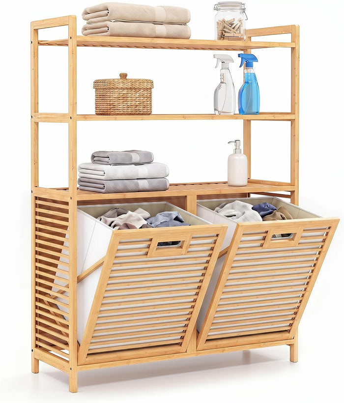 GOFLAME Bamboo Double Tilt Out Laundry Hamper Cabinet with Shelves