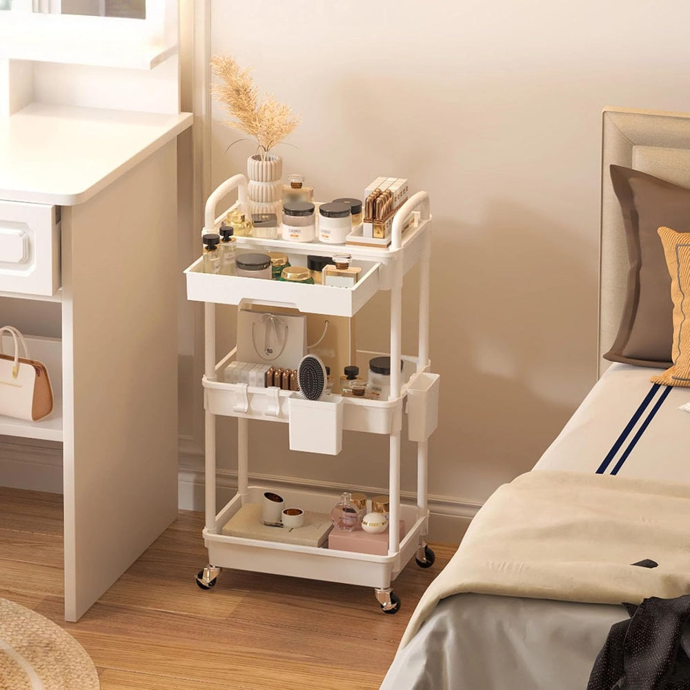 3 Tier Rolling Utility Cart with Drawer, Plastic Storage Organizer Rolling Ca...