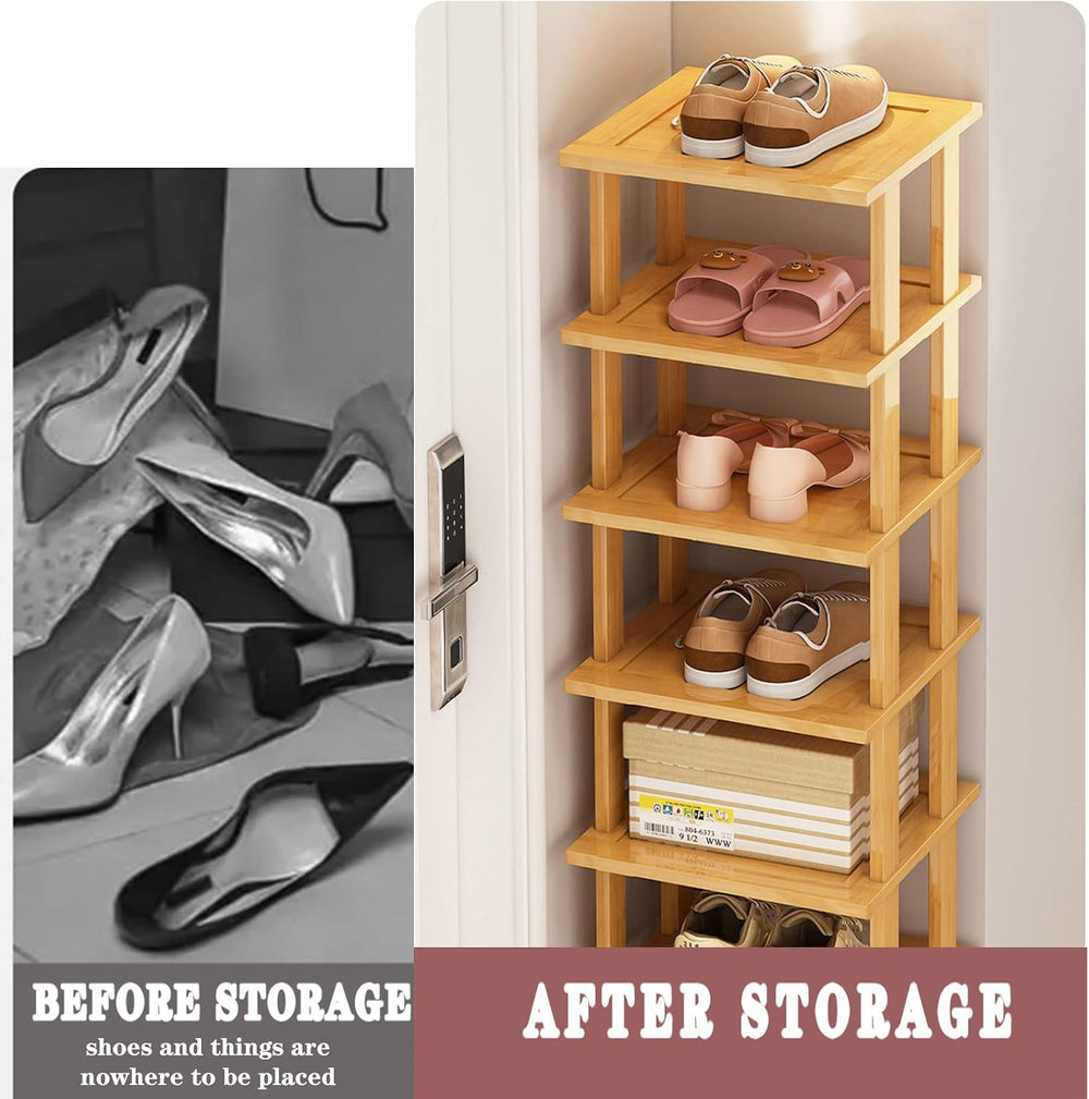 SAN HE Bamboo Shoe Rack 17 Tier- Vertical Shoe Rack for Small Spaces, Tall Na...