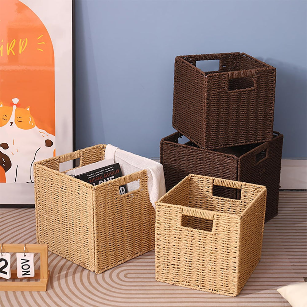 10.5x10.5in Storage Baskets Set of 3 Dark Brown Paper Rope Woven Baskets,Fold...