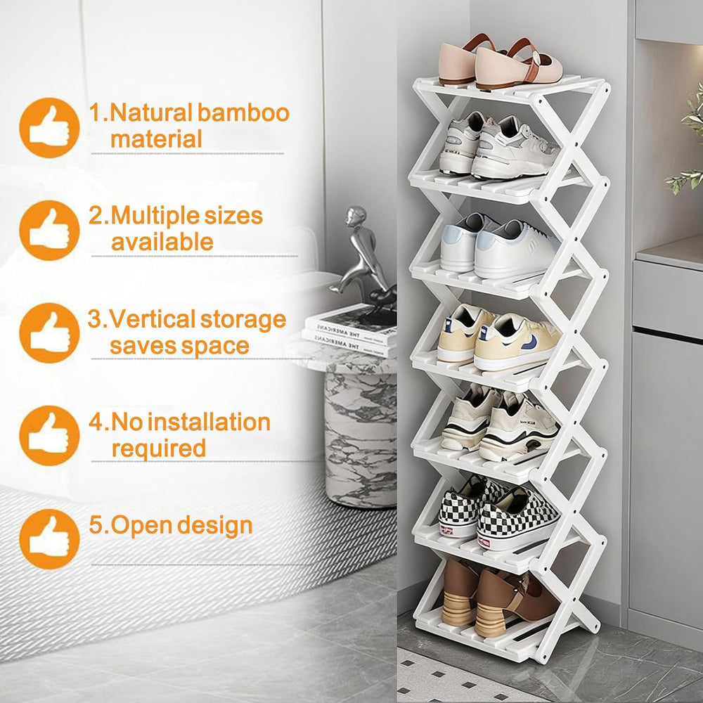 Vertical Narrow Shoe Rack White, 7 Tier Portable Folding Shoe Storage Rack, W...