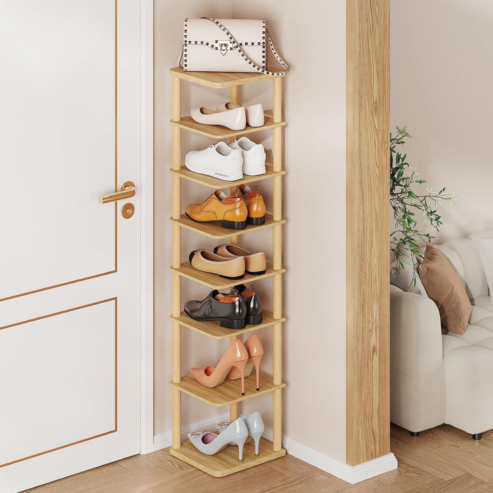 8 Tiers Vertical Shoe Rack Tall Narrow Shoe Tower Corner Shoe Rack, Natural