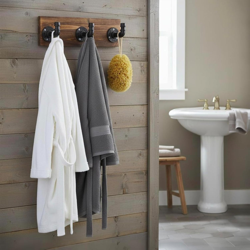 MyGift Wall Mounted Burnt Wood Coat & Hat Rack with 3 Hooks, Pipe Design