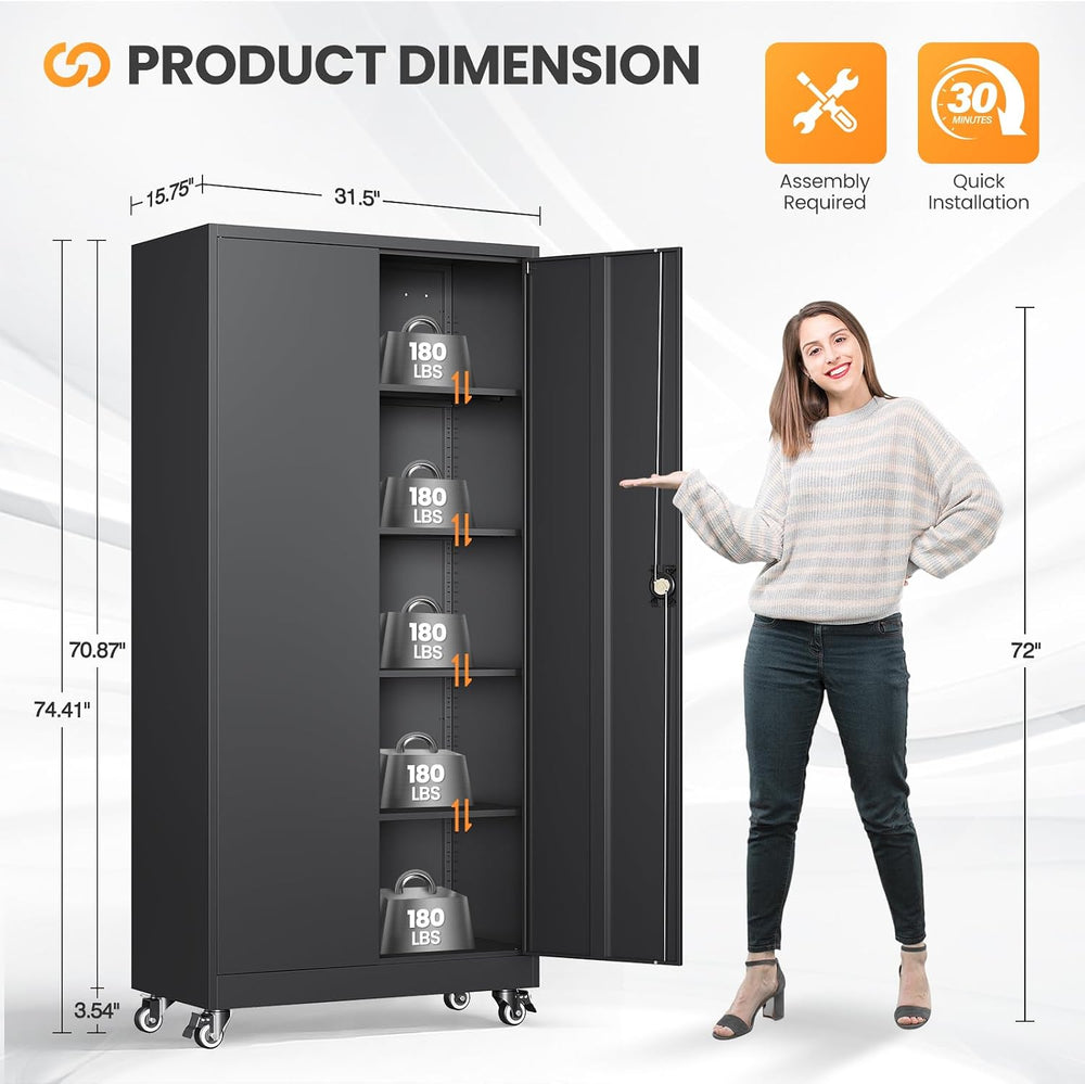Metal Garage Storage Cabinets with Wheels, Rolling Tool Cabinet with Lock, Lo...