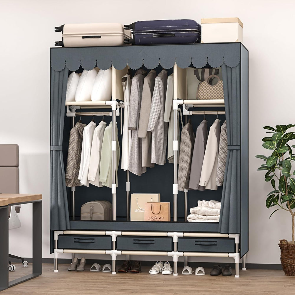 Portable Armoire Wardrobe Closet with 3 Drawers and 3 Hanging Rods,Cloth Clos...