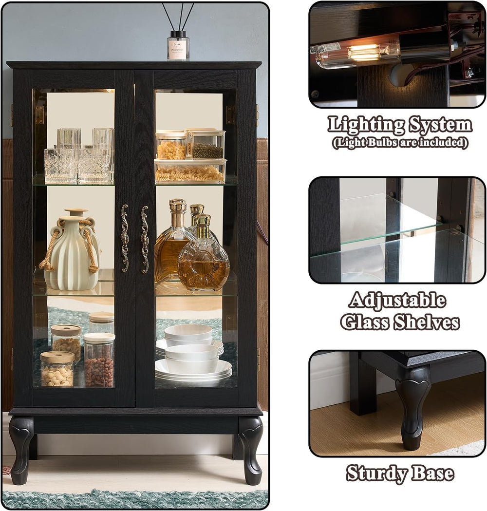 43" H Lighted Wooden Curio Cabinet, Freestanding Glass Display Case with...