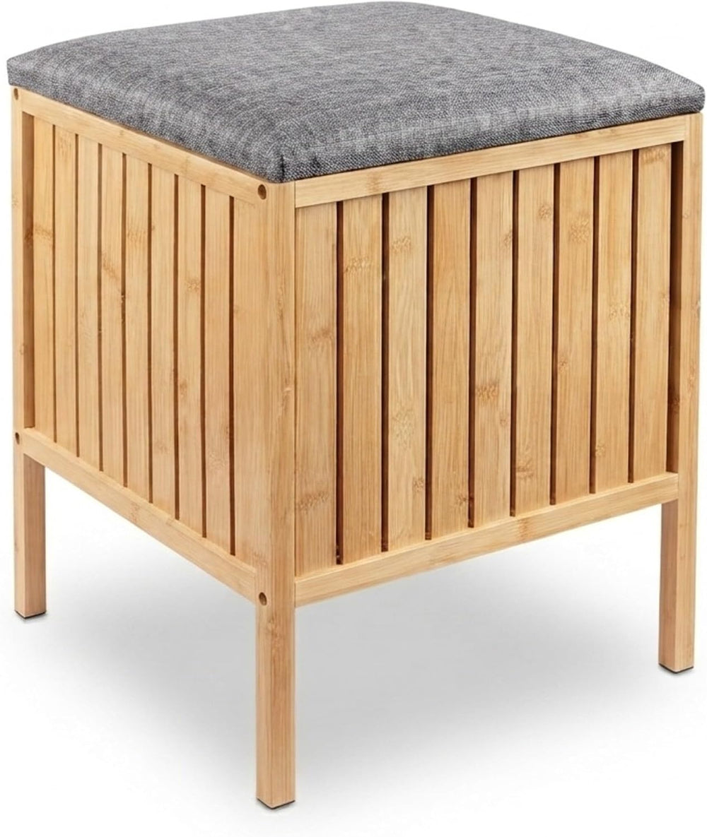 Relaxdays Bamboo Laundry Hamper with Padded Seat, Storage, Bathroom Stool, 52...