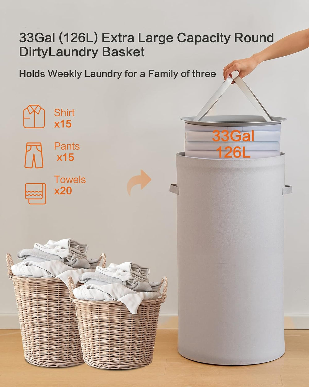 126L Laundry Basket with Lid, Laundry Hamper, Laundry Room, Gray