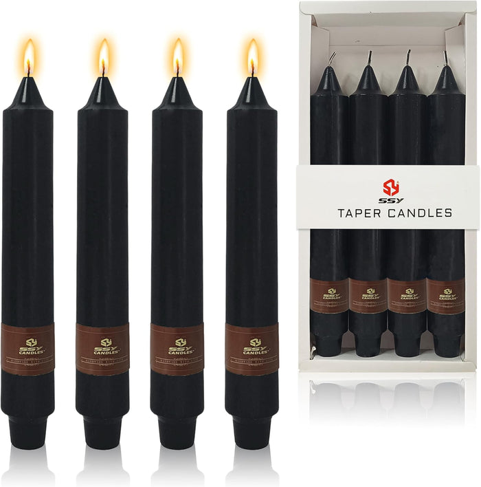 Black Halloween Taper Candles 4 Pack Hand-Poured 9 Inch Unscented Long Tapered Candles for Spooky Decor, Haunted Houses & Gothic Weddings - Clean Burning, Smokeless & Odorless