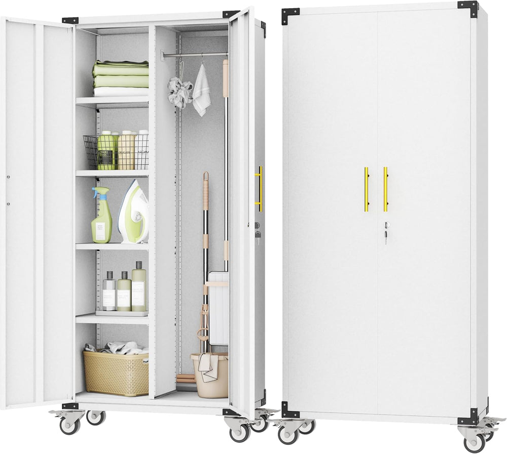 pozdeg 71" Rolling Lockable Metal Broom Closet Storage Cabinet, Grey White