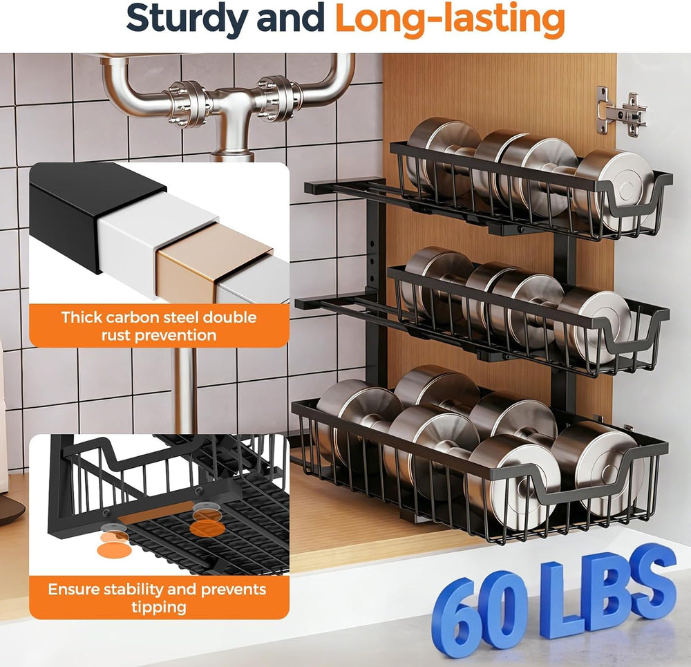 Under Sink Organizer, 2-Pack 3-Tier Height Adjustable Thickened Metal Pull ou...