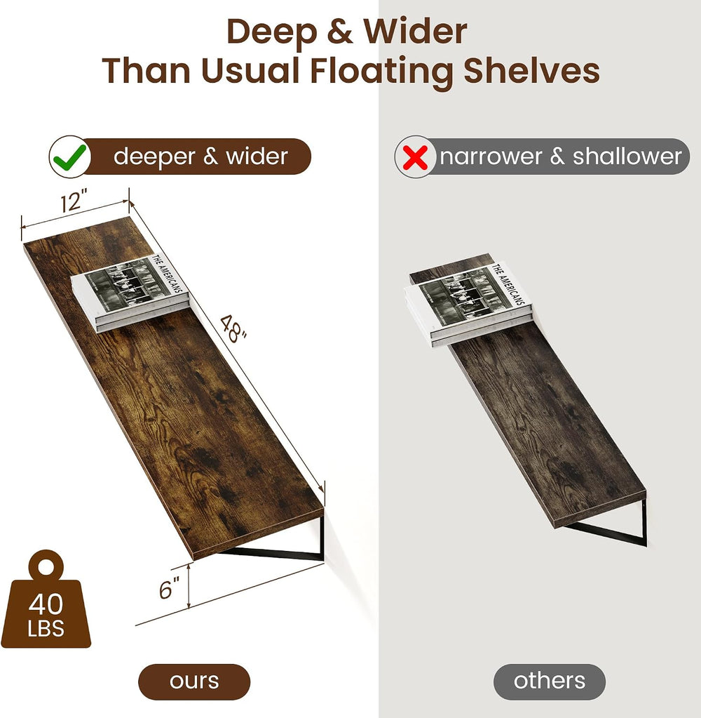 Axeman 12 Inch Deep Floating Shelves for Wall - 48 Inch Wide x 12 Inch Deep W...