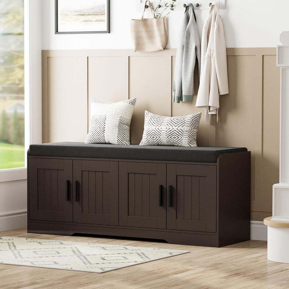 Homleke Shoe Storage Bench, 4 Doors & Thickened Padded Seat Cushion