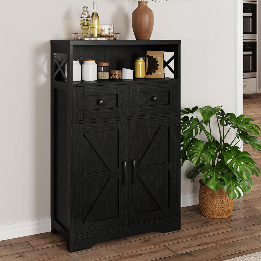 Black Farmhouse Storage Cabinet with Doors and Drawers, Small Pantry Hutch