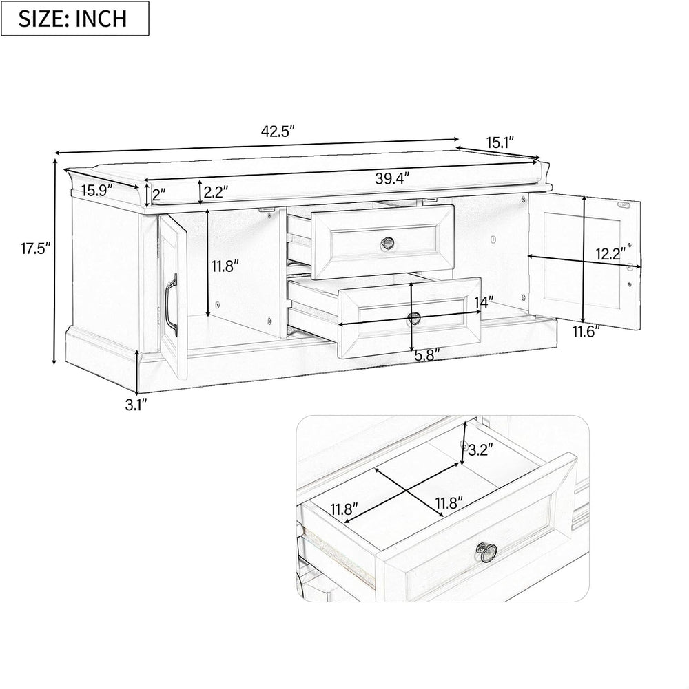 GDFStudio Rustic Storage Bench with 4 Doors 2 Draws Adjustable Shelves Remova...