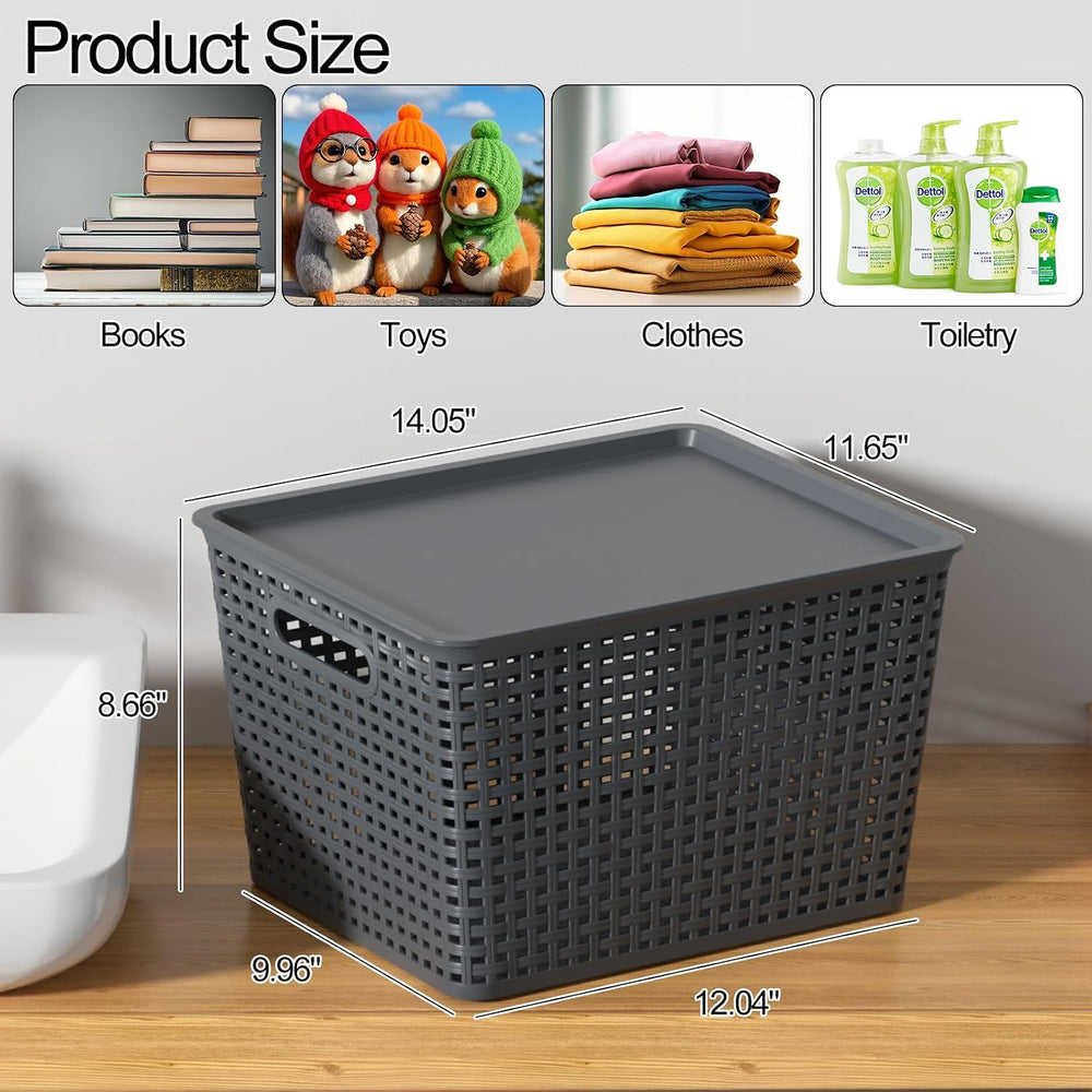 6-Pack Large Plastic Storage Basket Bins with Lid, Gray