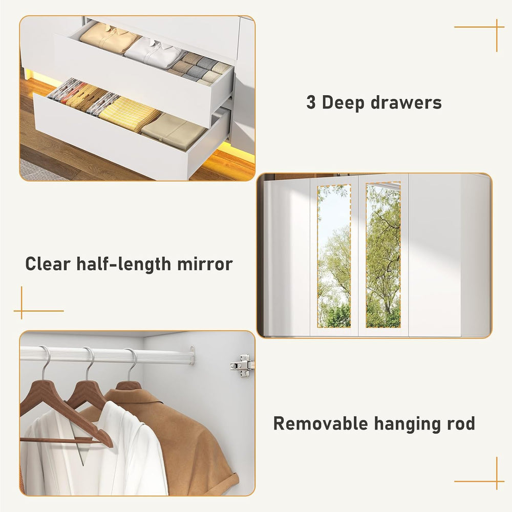 4 Doors Armoire Wooden Wardrobe Closet with 3 Drawers & 2 Mirror, 75&quot...