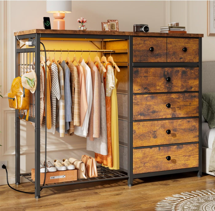 EnHomee 49.2" W Dresser with Hanging Rack & 6 Drawers, Grid Panel & 4 Hooks