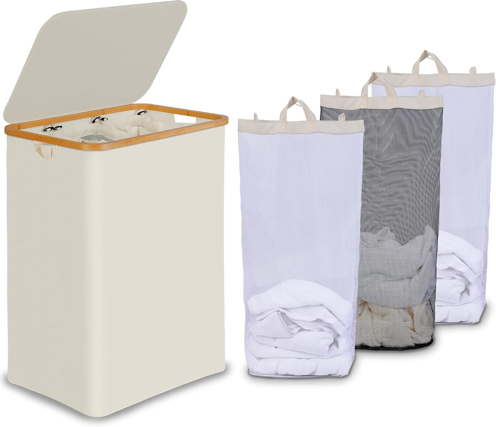 efluky Laundry Hamper 3 Section with lid and 3 Removable Bags, Beige