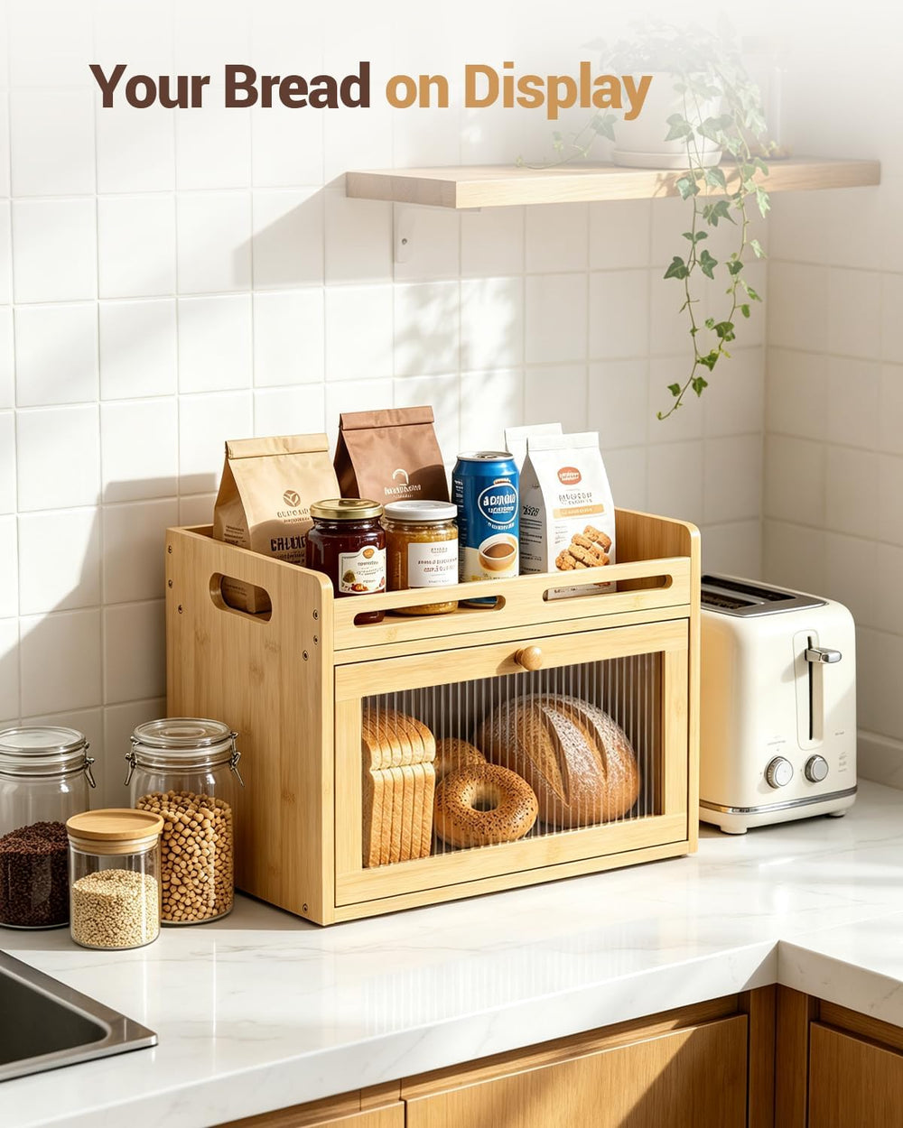 Bread Box for Kitchen Countertop, Bamboo Storage Container with Top Shelf