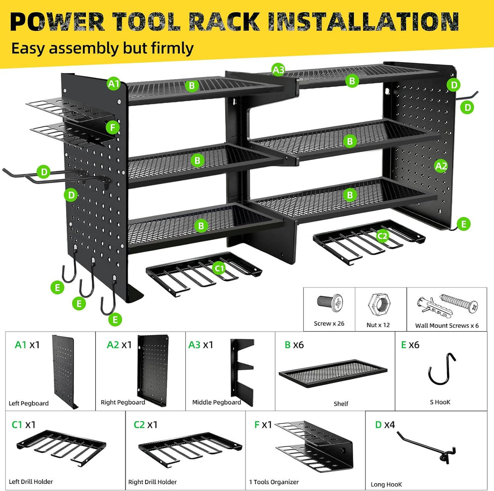 Power Tool Organizer Wall Mount, 4 Tier Heavy Duty Tool Storage Rack