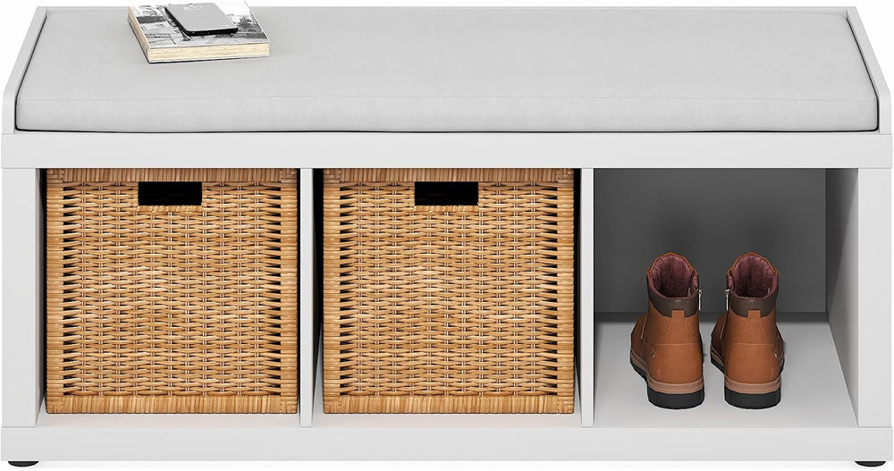 Furinno Cubicle Storage Bench, Shoe Bench with Padded Seat Cushion, 3-Cube Op...