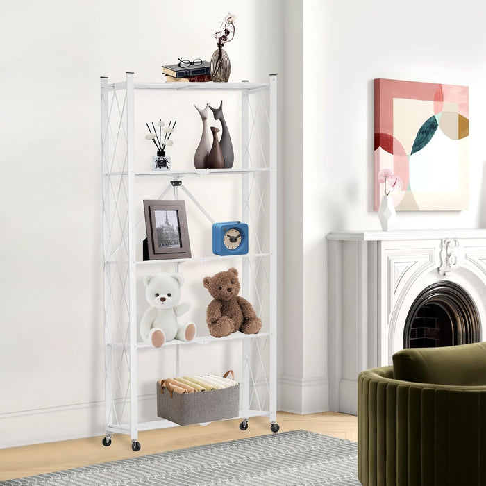 5-Tier Folding Shelf with Wheels No Assembly Portable Shelves