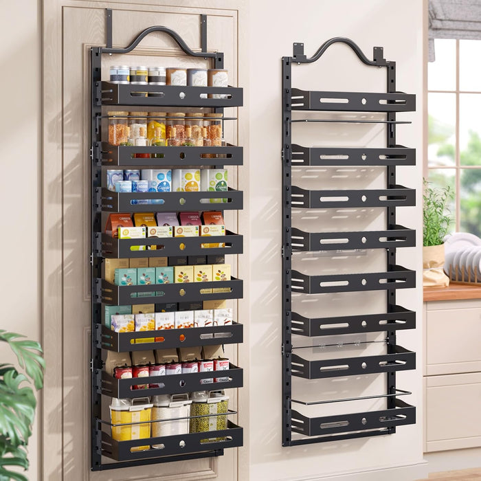 8-Tier Pantry Door Organizer, Large 2 IN 1 Wall Mount or Over The Door Pantry Organizer, Pantry Door Spice Rack with Adjustable Baskets, Over Door Organizer for Kitchen,（72.6×17.1×5.1in,Black)