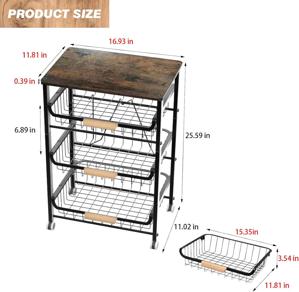 4-Tier Vegetable Fruit Basket for Kitchen Storage Rolling Cart on Wheels with...